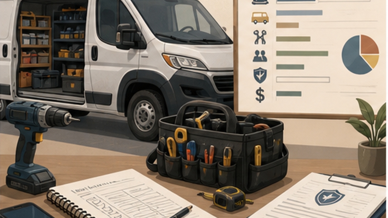 Contractor business readiness planning board with vehicle tools and documents